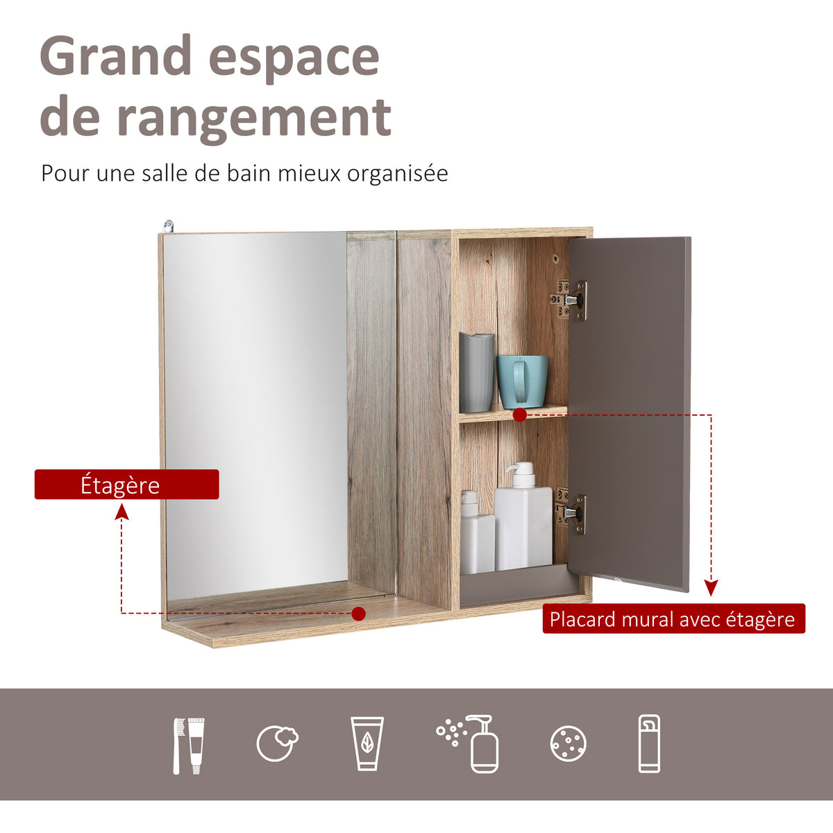 Miroir de Salle de Bain avec étagère et Placard - système Fixation intégré - Panneaux Particules chêne Clair Gris