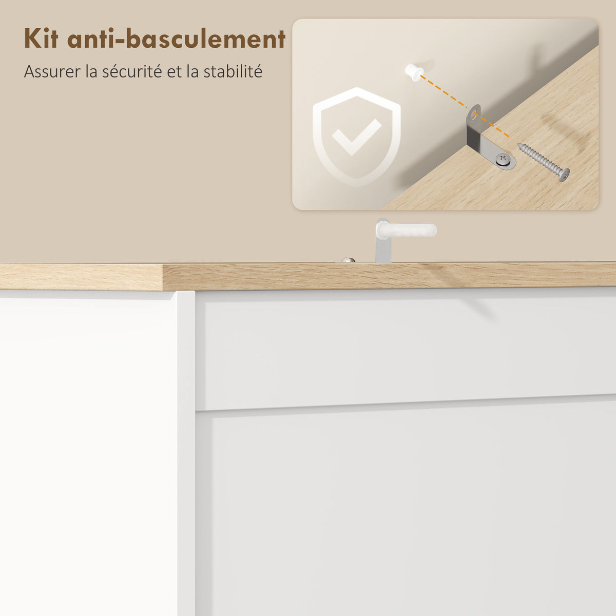 Buffet Haut Cuisine, Armoire Cuisine avec 3 Portes, 2 Tiroirs, Plan de Travail, Compartiments Ouverts, Blanc
