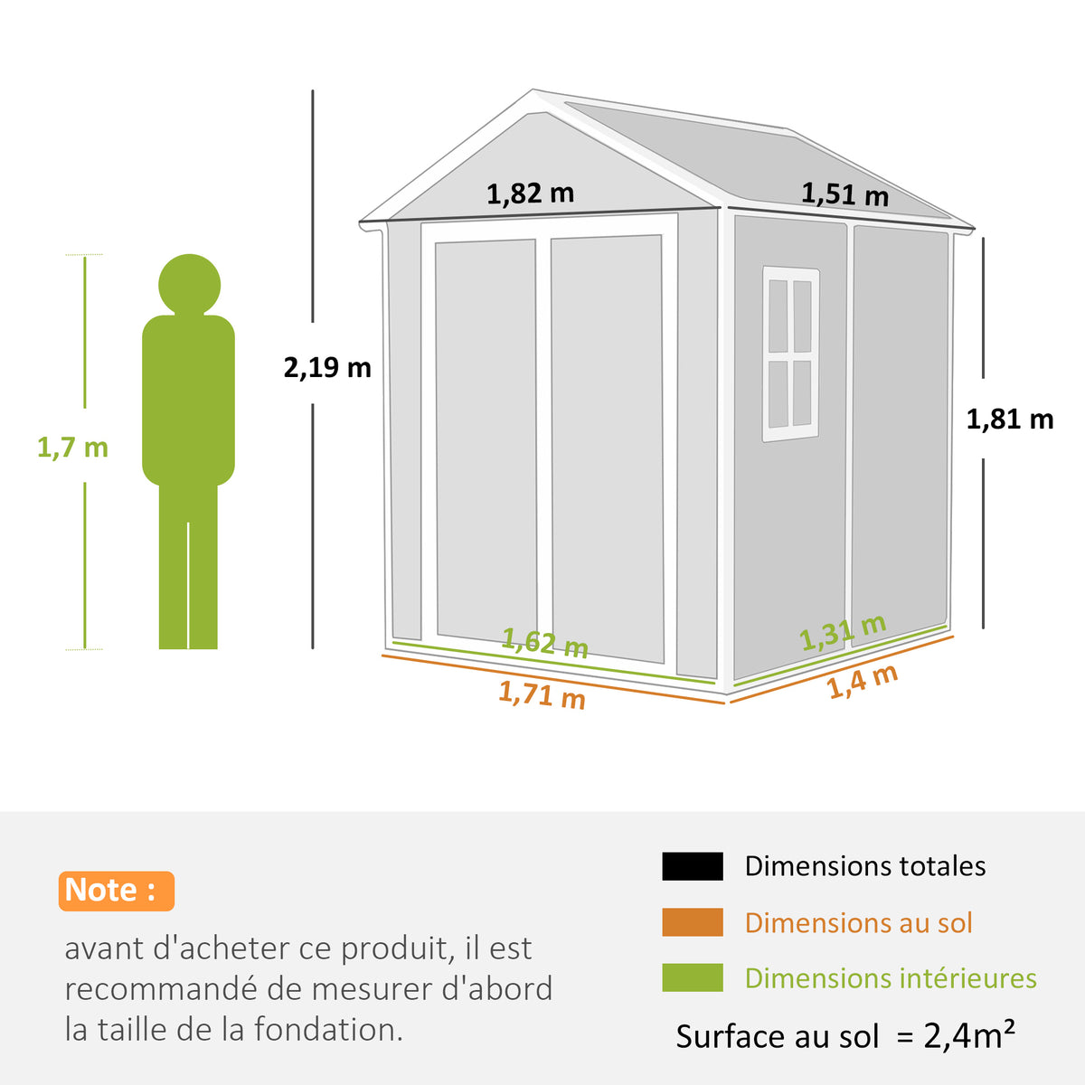Abri de jardin en résine 2,7 m² avec plancher portes à loquet 3 fenêtre structure en aluminium 240 x 190 x 228 cm gris