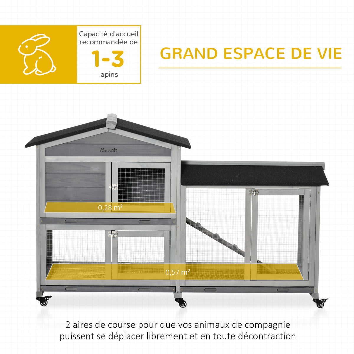 Clapier bois pour lapins petit enclos animaux villa pour lapin sur roulettes 2 étages gris