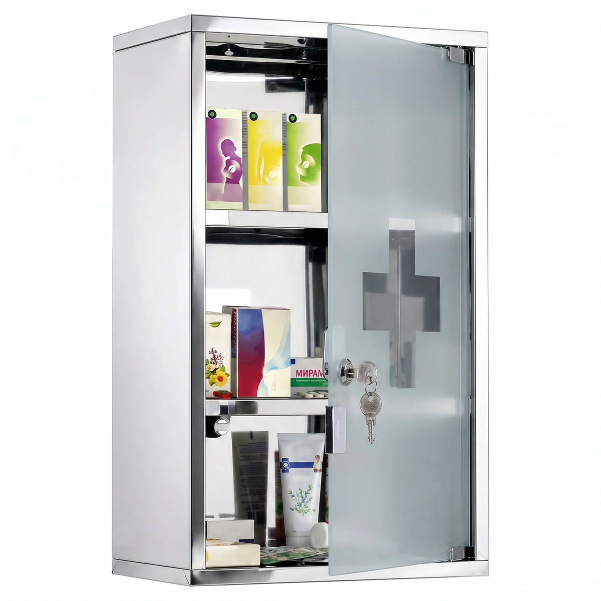 Armoire à pharmacie murale à 3 niveaux en acier inoxydable avec porte verrouillable en verre avec 2 clés