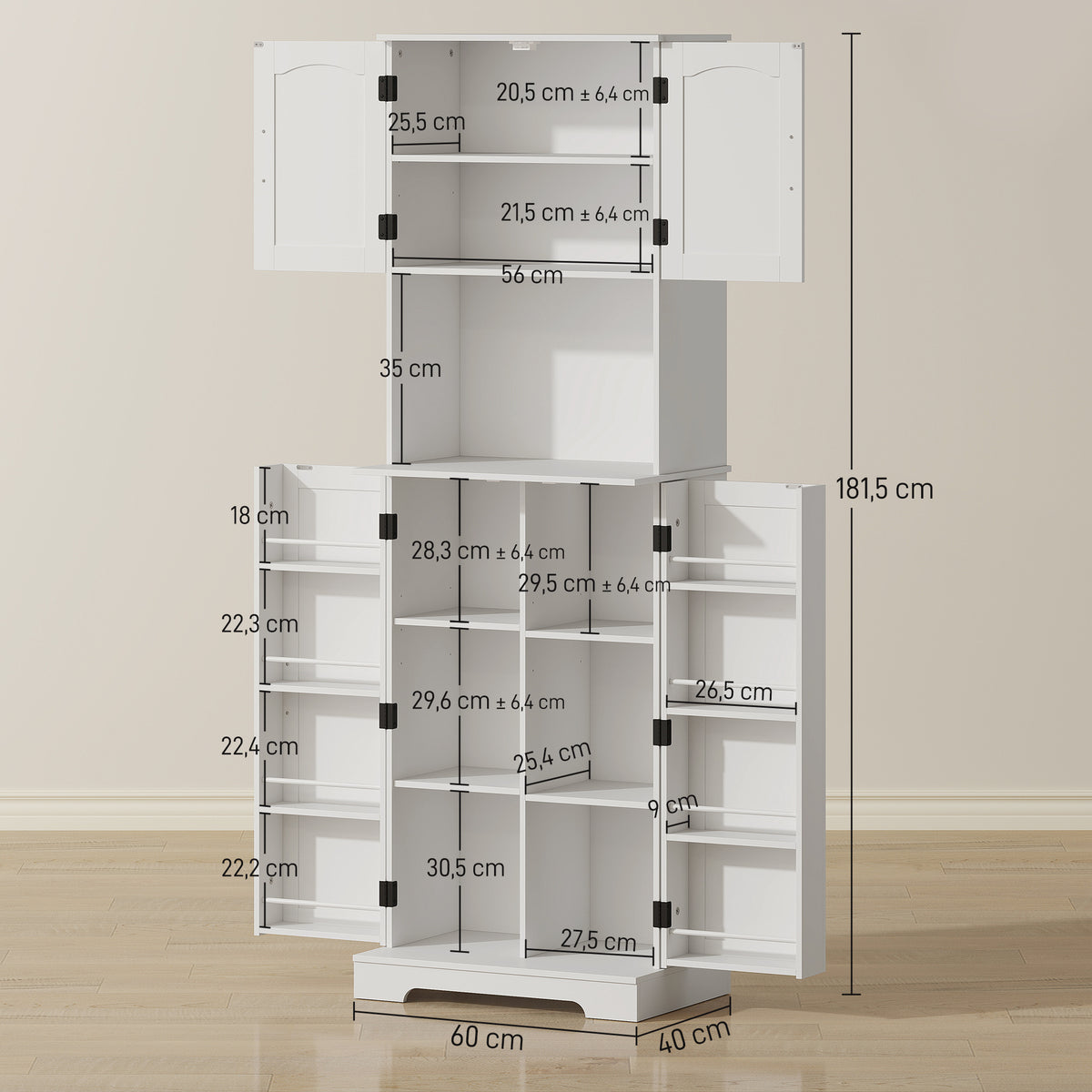 Buffet haut cuisine armoire de cuisine, 4 portes plan de travail 8 porte-épices étagères réglables 60x40x181,5cm blanc