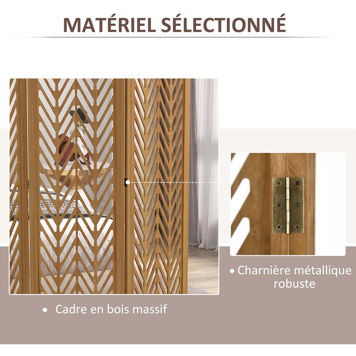 Paravent en bois ajouré séparateur de pièce closion intérieur pliable 4 panneaux en bois 160 x 170 cm naturel