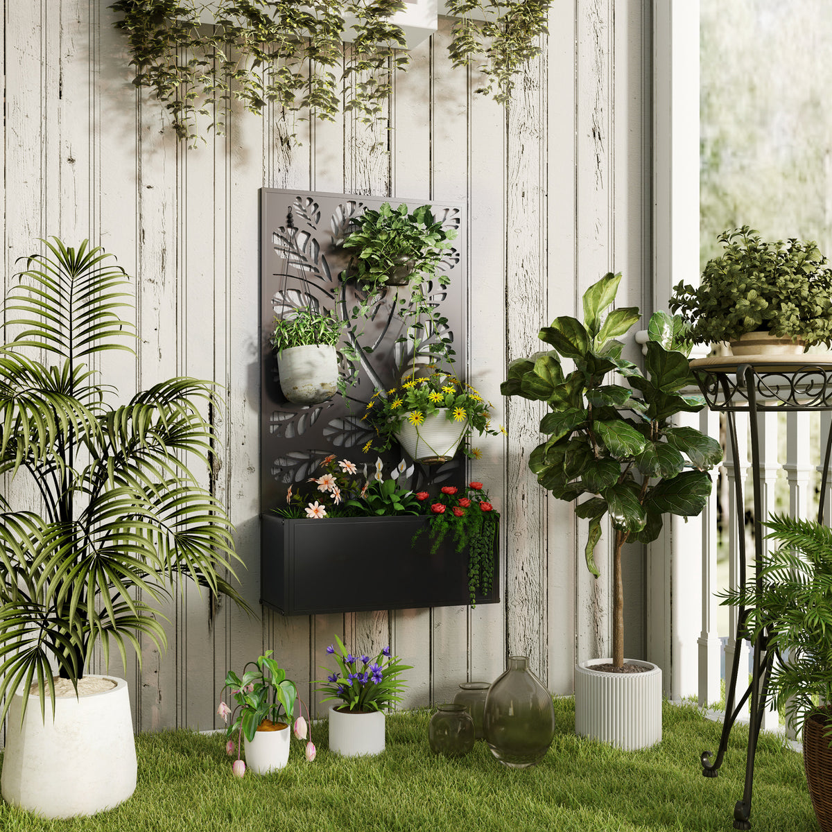 Jardinière avec brise-vue paravent treillis pour Plante Grimpante, bac à Fleurs - dim. 61L x 23l x 113H cm