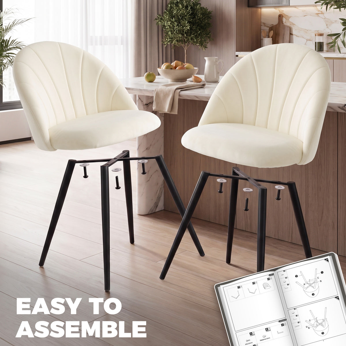 Lot de 2 chaises de salle à manger, chaises de cuisine rembourrées sans accoudoirs, pieds en acier, 52x55x79cm, crème