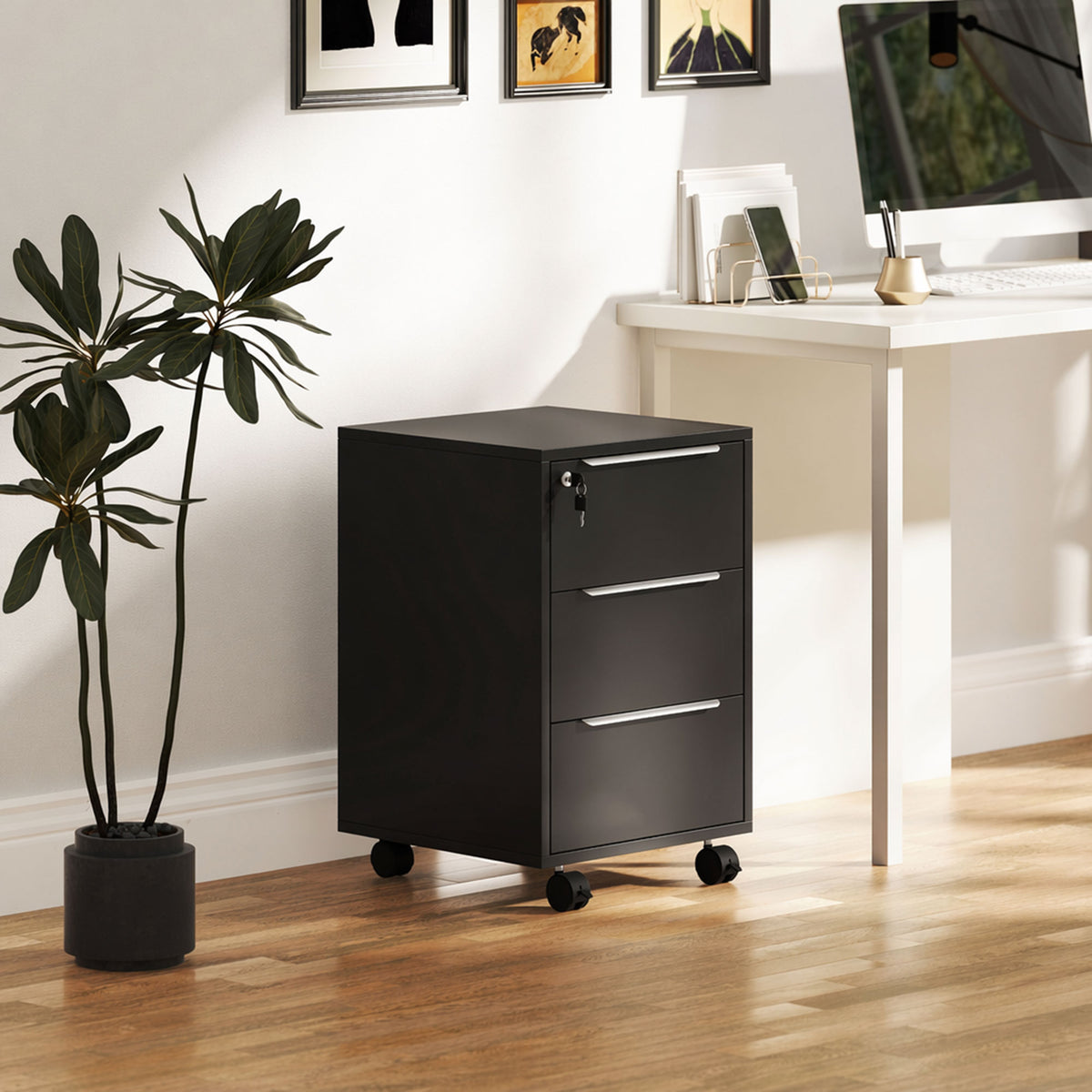 Caisson de bureau à roulettes avec 3 tiroirs et serrure, meuble rangement bureau sur roulettes, 40 x 40 x 63,5 cm, noir