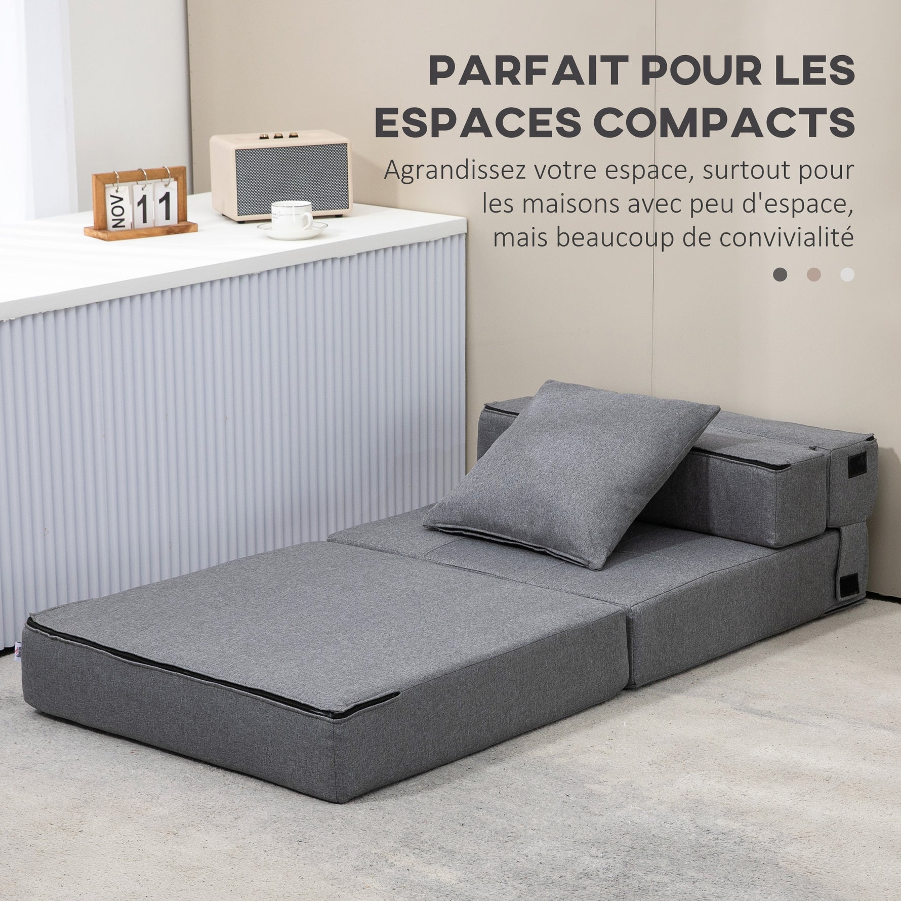 Chauffeuse canapé-lit convertible fauteuil 1 place avec 1 coussin déhoussable, tissu gris