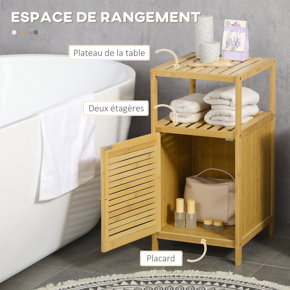 Meuble de rangement pour salle de bain en bambou 2 étagères et 1 placard avec porte 33 x 36,5 x 67 cm naturel
