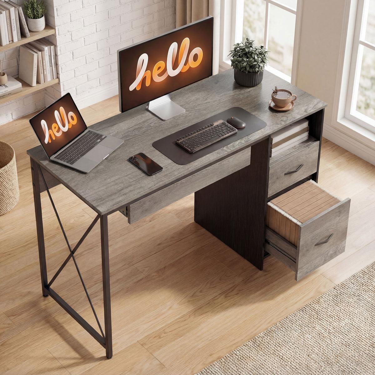 Bureau d'ordinateur, 120×50cm, bureau avec rangement, plateau clavier, compartiment ouvert et 2 tiroirs, gris