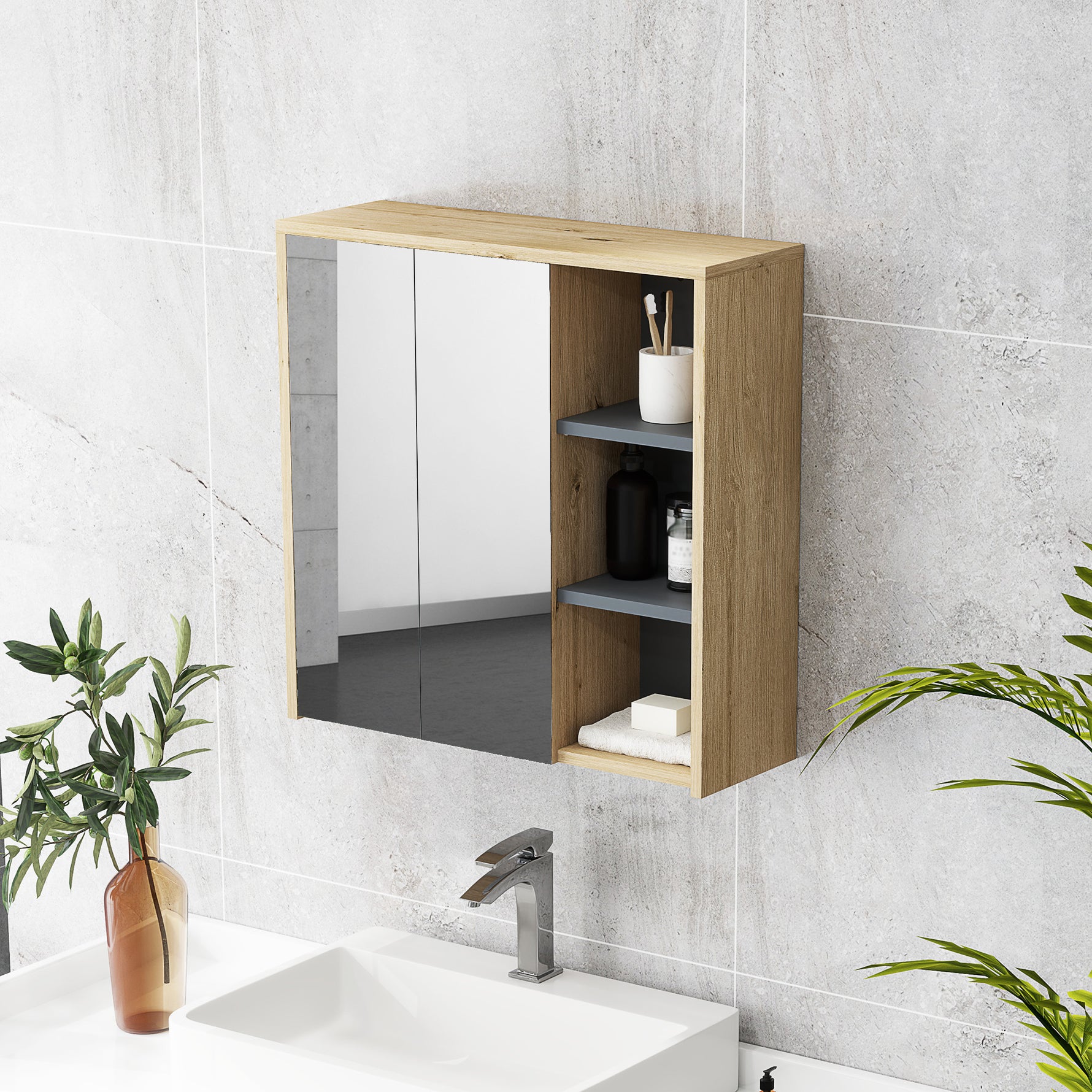 Armoire de salle de bain avec miroir armoire de toilette miroir mural 3 étagères ouverts 60 x 20 x 60 cm bois naturel