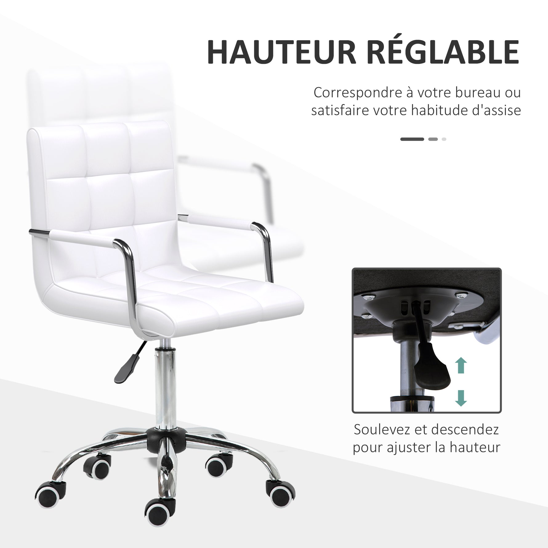 Chaise de bureau fauteuil manager pivotant hauteur réglable revêtement synthétique capitonné blanc