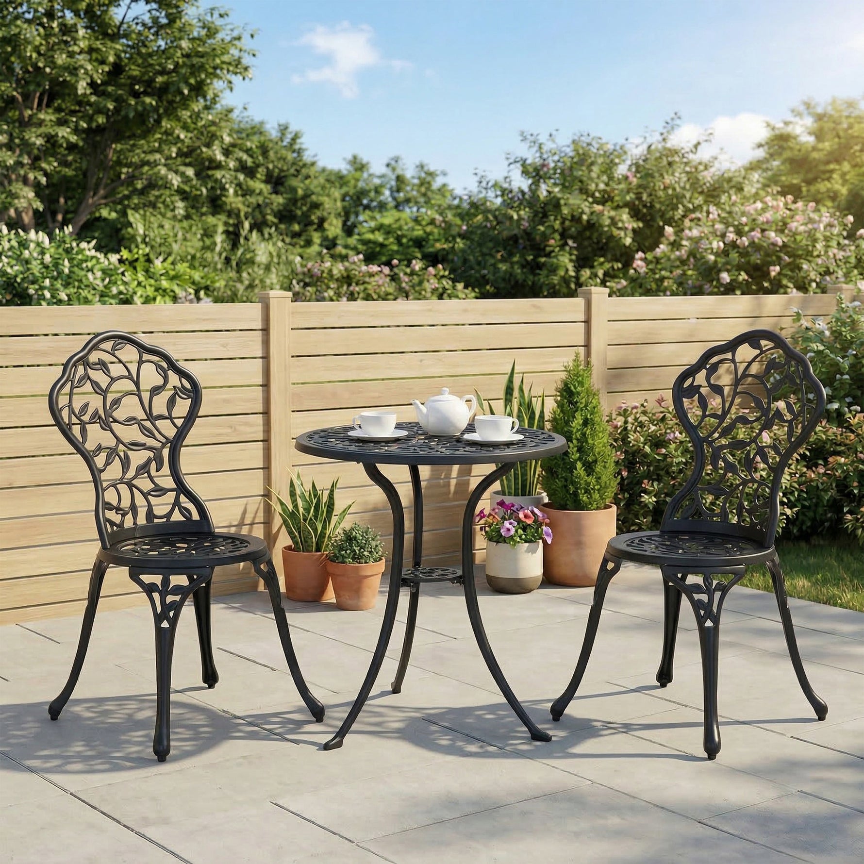 Ensemble de bistrot 3 pièces avec 2 chaises et 1 table ronde style antique, pour jardin, terrasse, balcon, noir