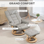 Poltrona relax reclinabile con poggiapiedi, girevole, struttura in legno, rivestimento sintetico grigio