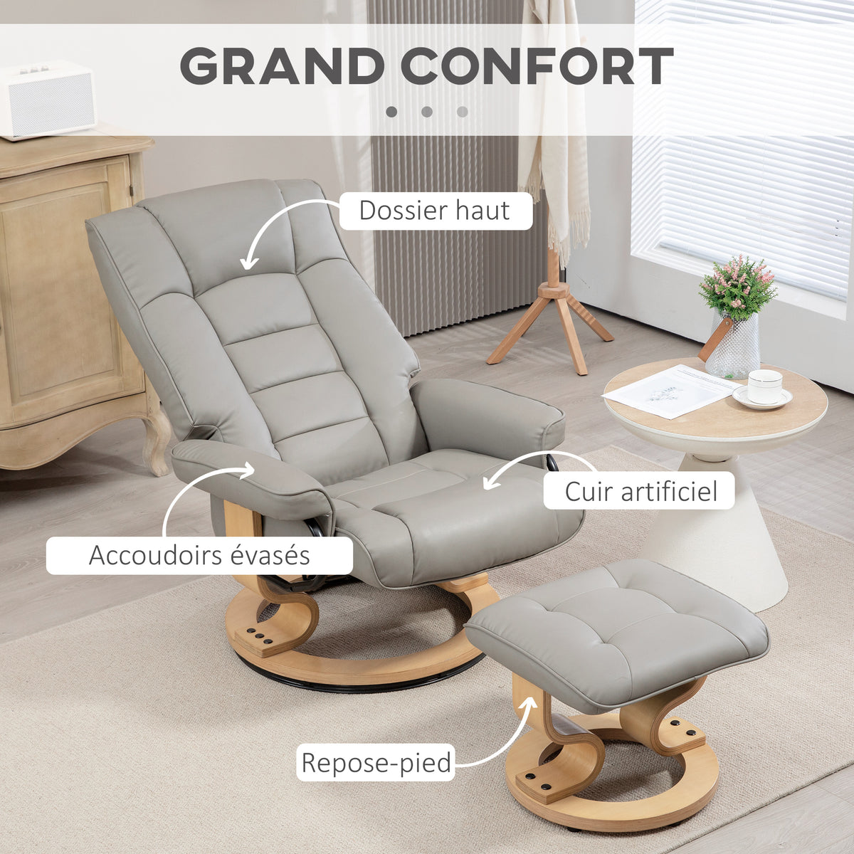 Poltrona relax reclinabile con poggiapiedi, girevole, struttura in legno, rivestimento sintetico grigio