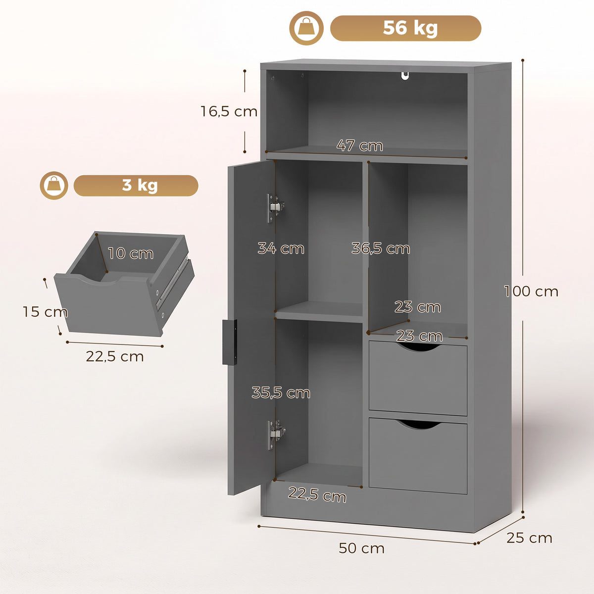 Mobiletto da bagno, mobile contenitore stretto con 2 cassetti, scomparti a giorno, 50x25x100 cm, grigio