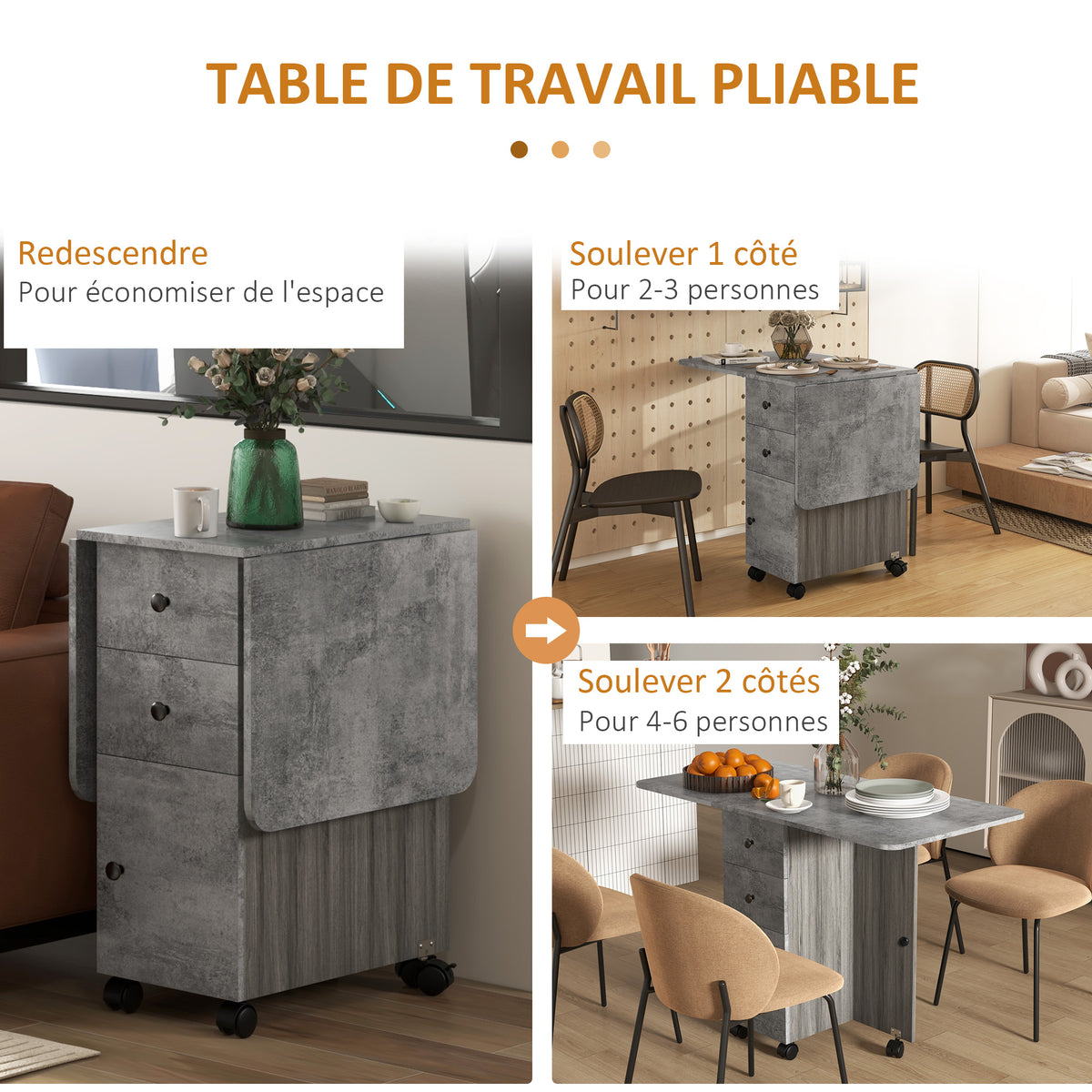Table de cuisine pliable table à manger pliante 2 plateaux rabattables avec 2 tiroirs 1 placard et 1 étagère de rangement 120 x 60 x 76,5 cm - gris