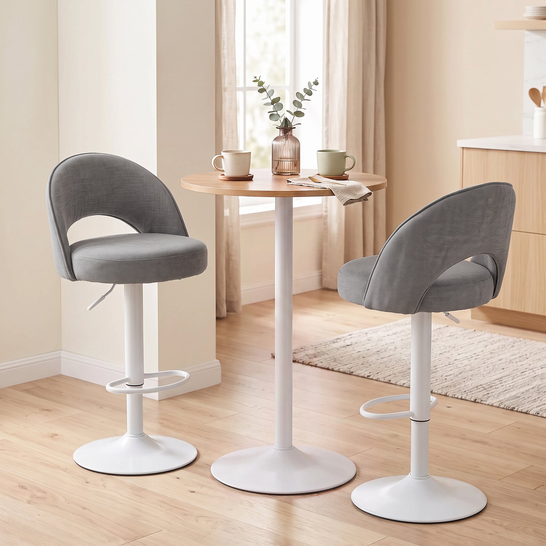Lot de 2 Tabourets de Bar, Chaises de Bar Réglables en Hauteur, Assise Rembourrée en Chenille, Pivotant 360°, Gris