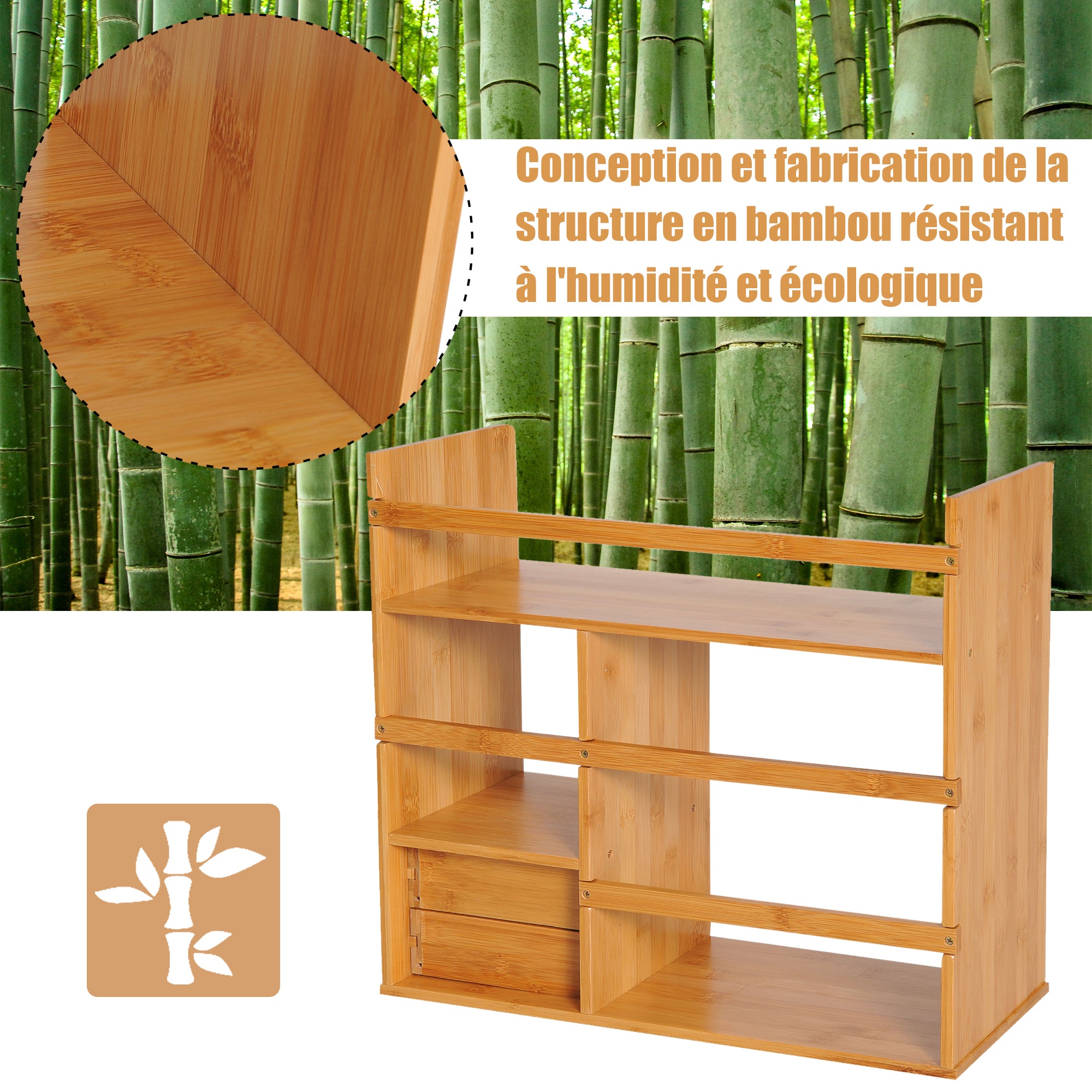 Étagère Livre Bureau Bibliothèque Stockage Organisateur Bureau Cuisine Salle de Bain Bois de Bambou Naturel