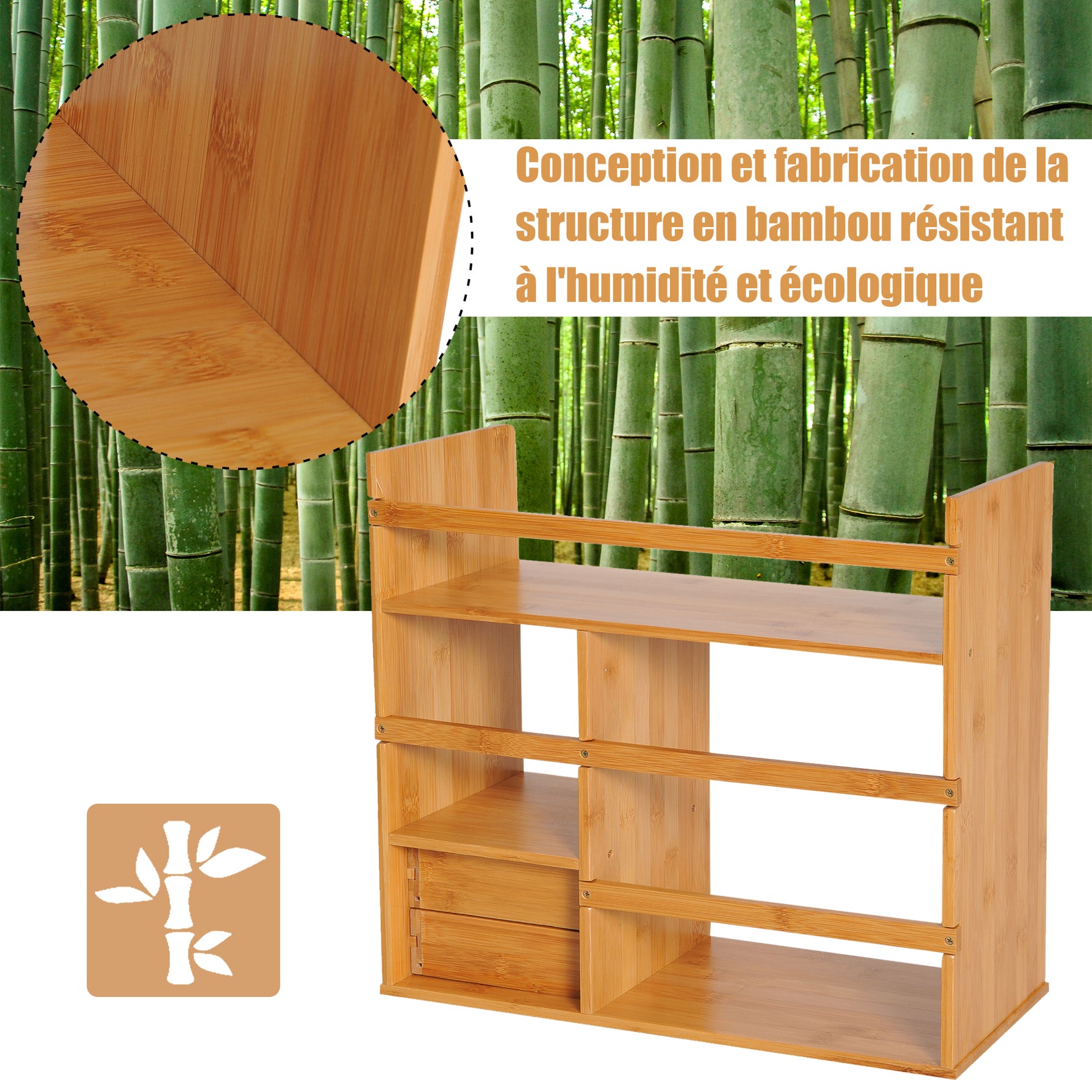 Étagère Livre Bureau Bibliothèque Stockage Organisateur Bureau Cuisine Salle de Bain Bois de Bambou Naturel