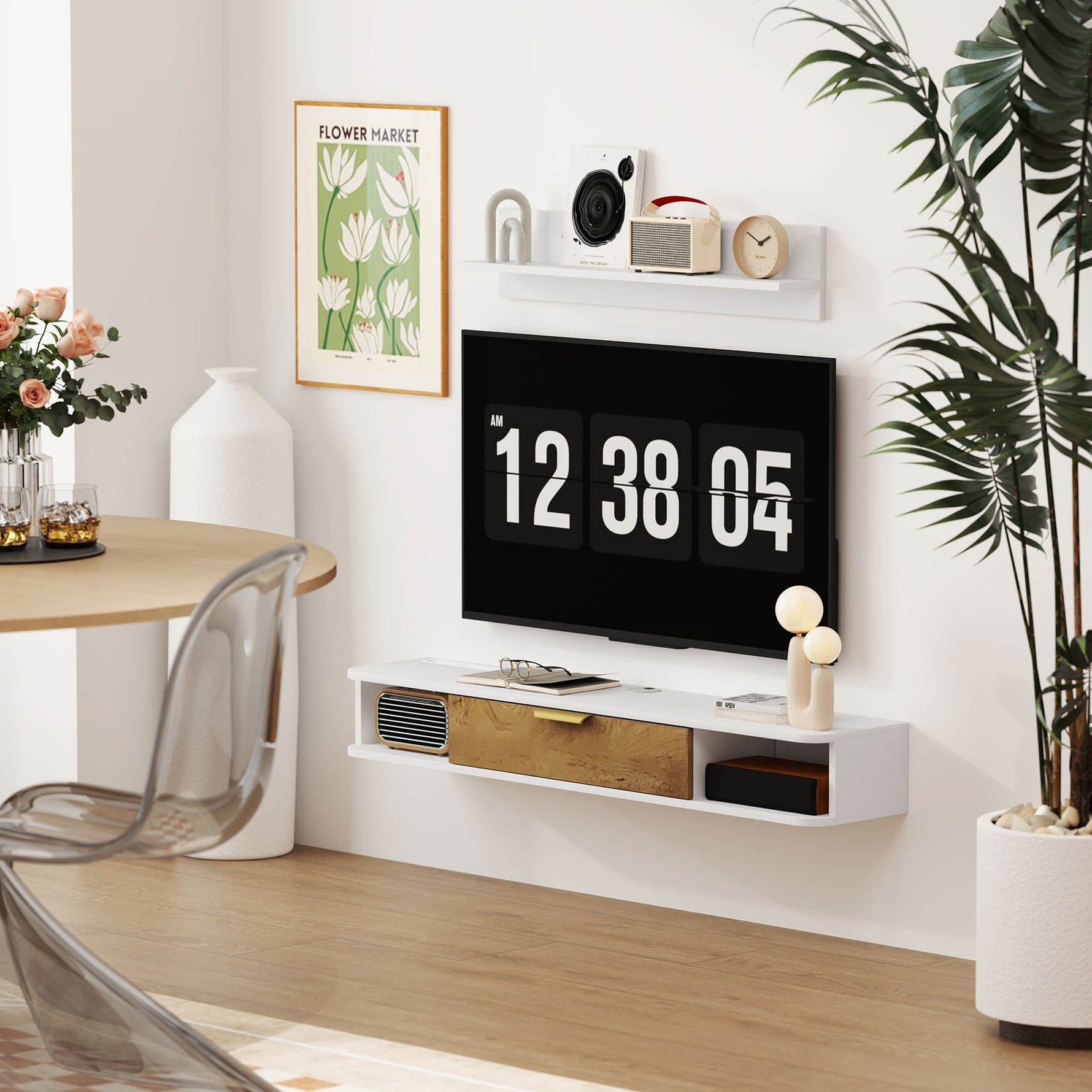 Ensemble meuble TV suspendu avec étagère murale meuble télé bois mural passe-câbles 120 x 24 x 16 cm blanc