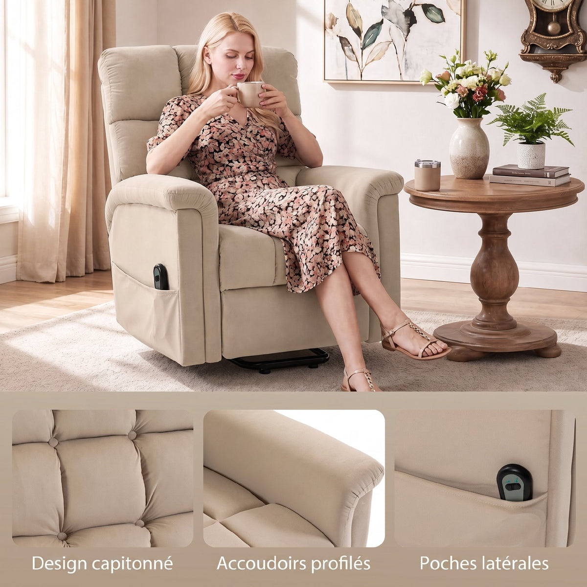 Fauteuil Releveur Électrique, Fauteuil Relax Électrique en Velours avec Dossier Inclinable, Télécommande, Marron