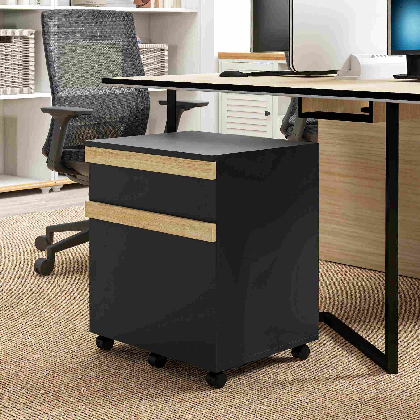 Caisson de bureau à roulettes avec 2 tiroirs coulissants trieur à dossiers 48 x 40 x 59,5 cm noir