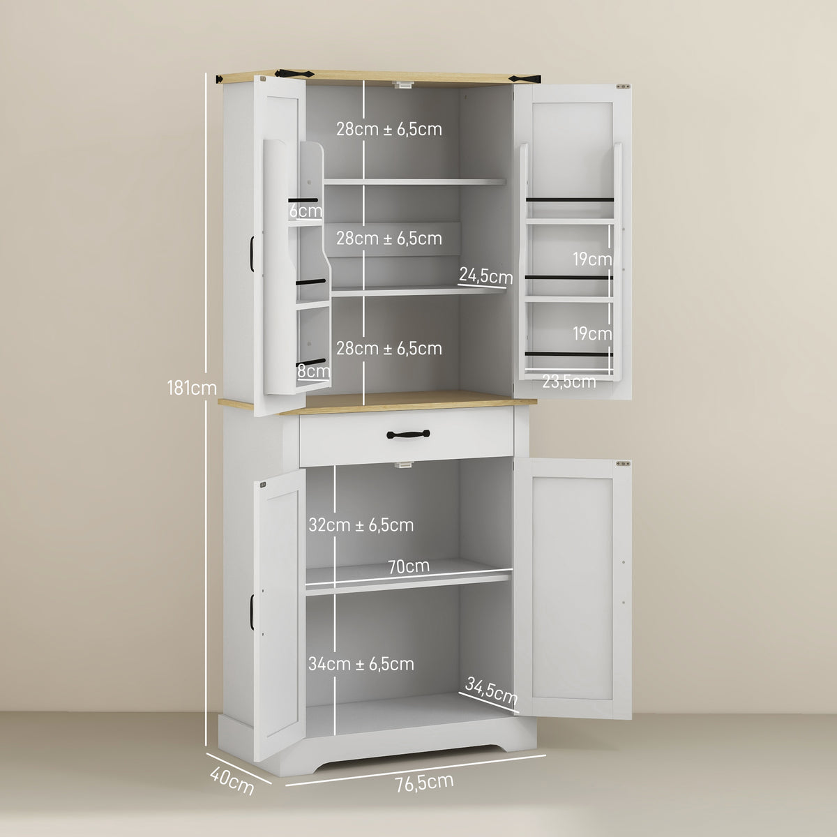 Armoire de cuisine buffet cuisine, 4 portes, 6 étagères à porte,1 tiroir et étagères réglables 76,5 x 40 x 181 cm blanc