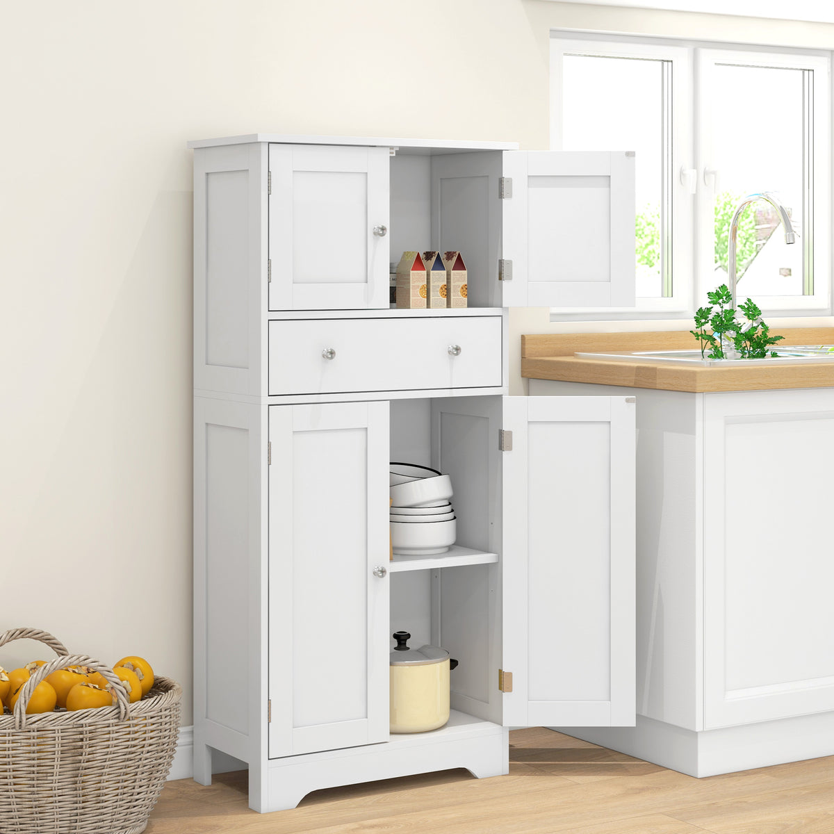 Armoire de cuisine buffet cuisine avec placards, étagères réglables, tiroir, 60 x 30 x 128 cm, blanc