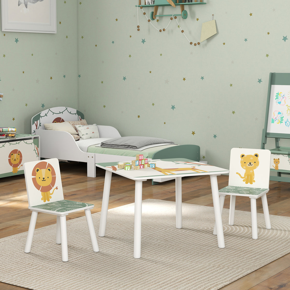 Table enfant avec chaise, ensemble table et 2 chaises enfant en bois, motifs animaux, 60 x 60 x 44 cm, vert