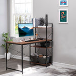 Bureau d'angle avec rangement design Industriel avec bibliothèque 3 étagères panneaux particules aspect noyer