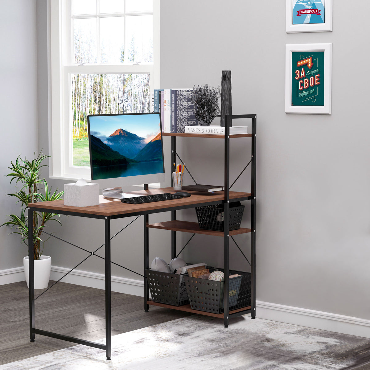 Bureau d'angle avec rangement design Industriel avec bibliothèque 3 étagères panneaux particules aspect noyer