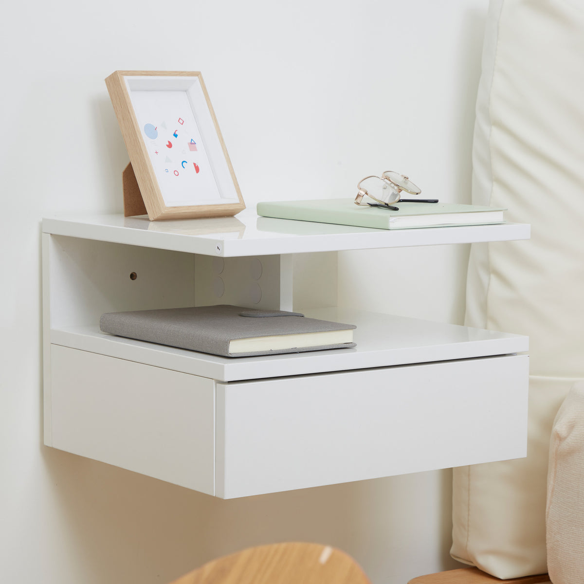 Lot de 2 tables de chevet murales tables de nuit tiroir coulissant, niche, plateau, 35 x 32 x 22,5 cm blanc