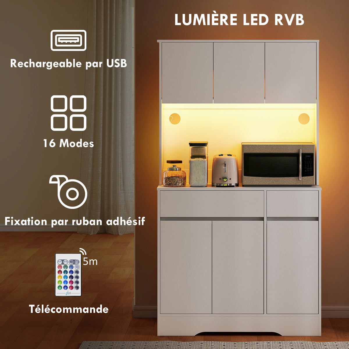 Buffet cuisine meuble cuisine rangement haut avec lumière LED RGB, plan de travail, 6 portes, 2 tiroirs, blanc