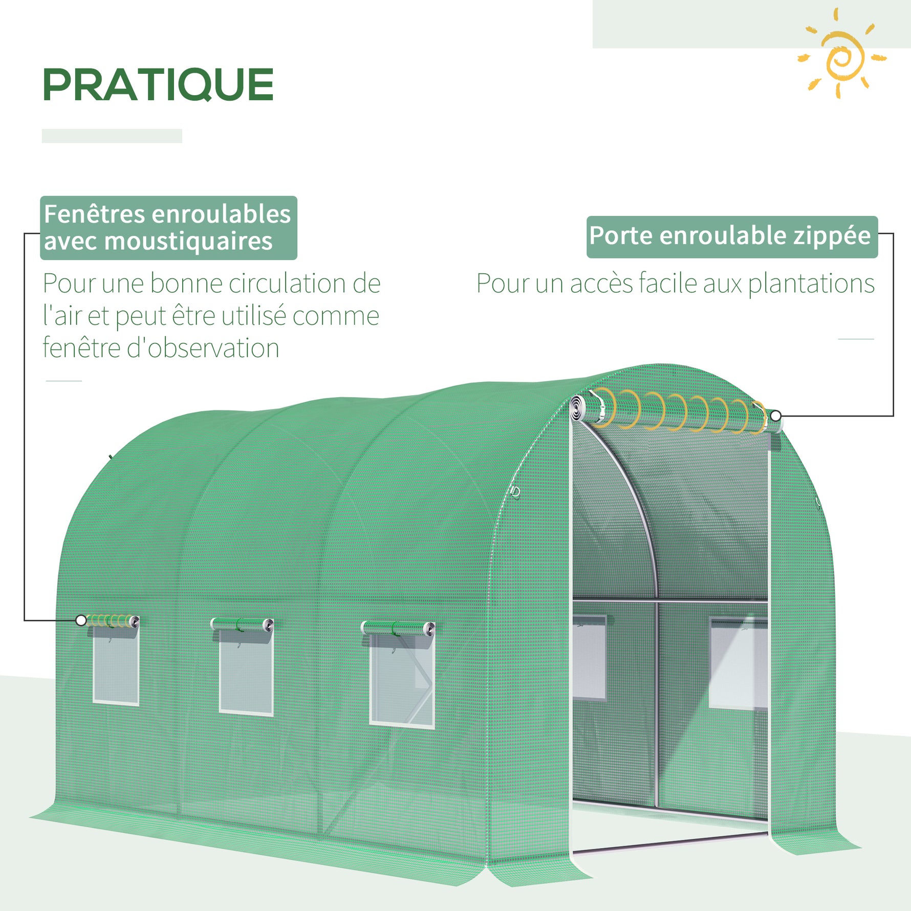 Serre de Jardin Tunnel Surface Sol 6 m² 3L x 2l x 2H m acier Porte zippée 6 fenêtres enroulables Vert