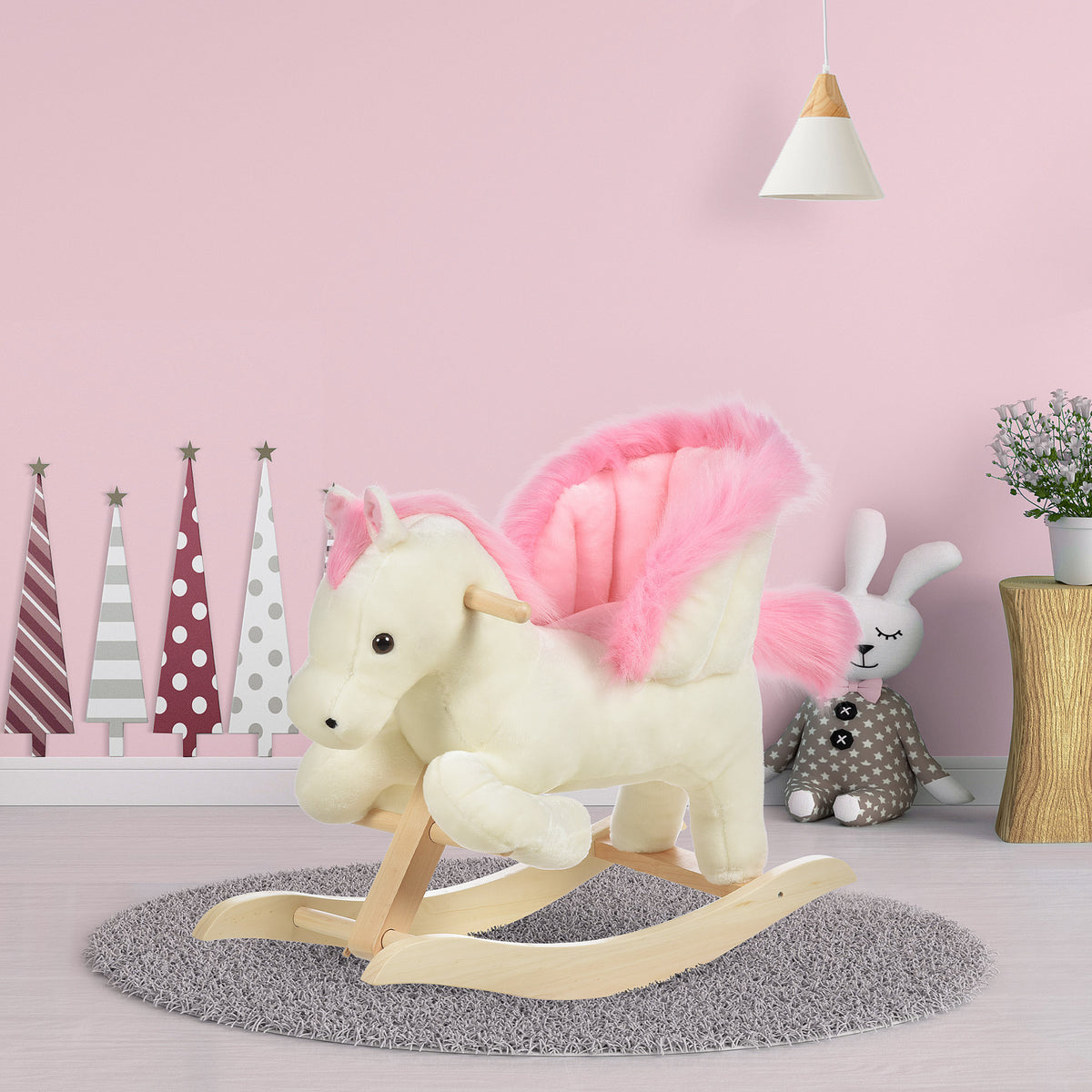 Cheval à Bascule Fonction Musicale Selle Grand Confort Peluche Courte Douce Pour Enfants 18-36 Mois Bois peuplier Blanc et Rose dim. 70L x 28l x 57H cm