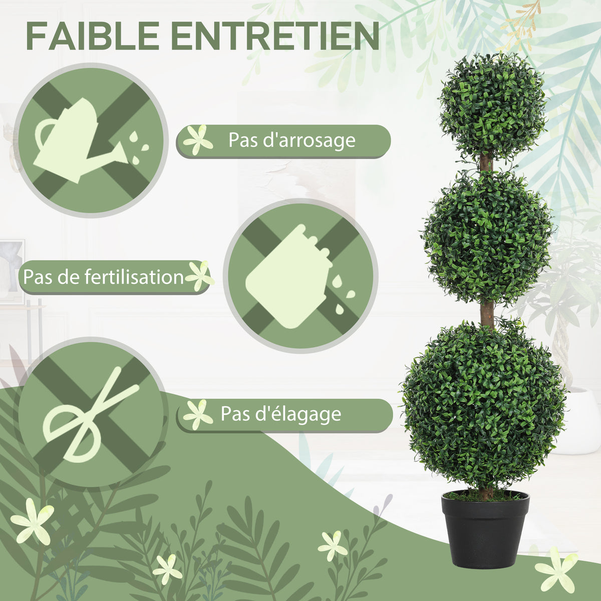2er-Set künstliche Buchsbaum-Topiary-Bäume, 101,6 cm, 3 Kugeln, künstliche Pflanze aus PE, grün, mit Topf für innen und außen