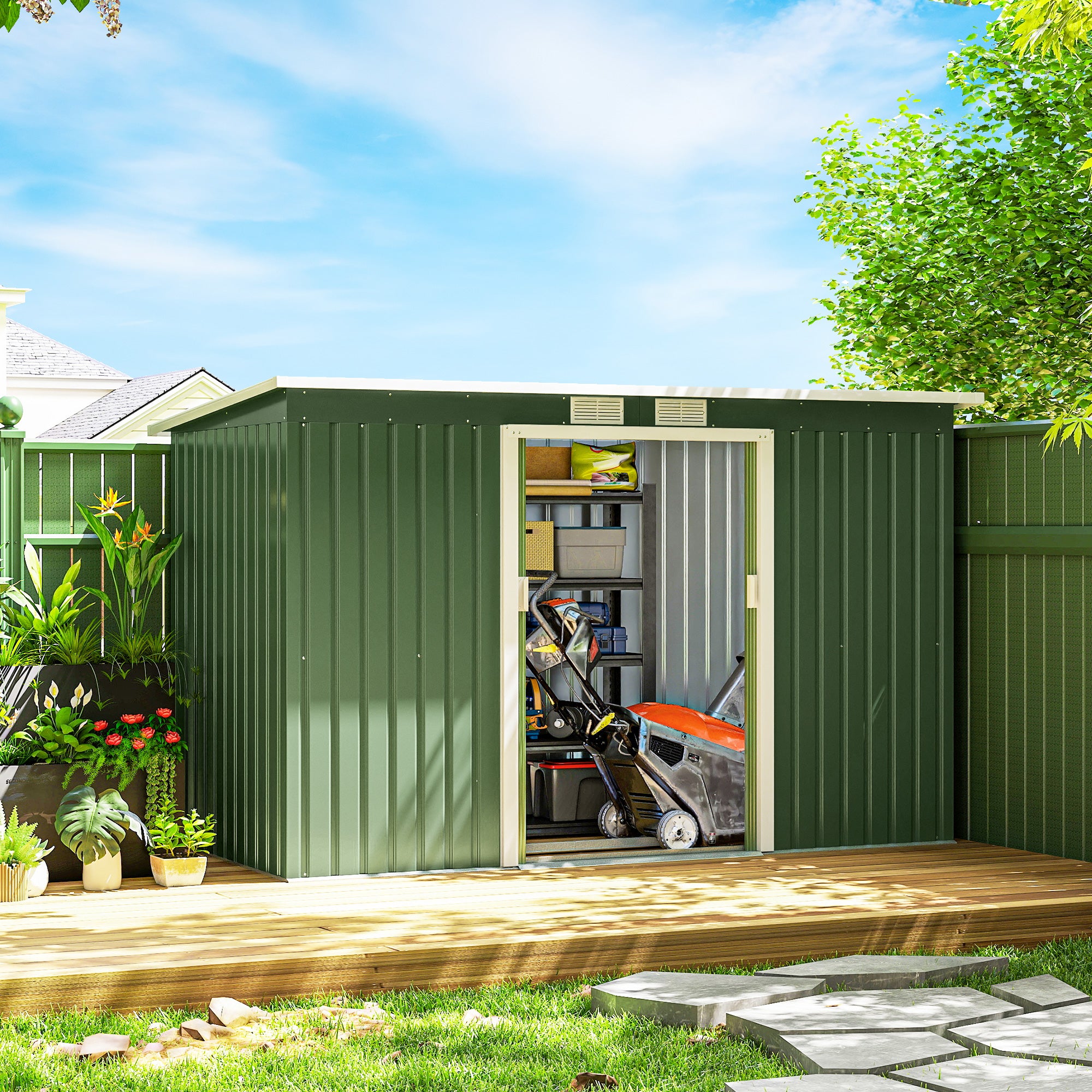 Abri de Jardin 3,6 m² Remise à Outils avec kit de fondation en Acier galvanisé avec Portes coulissantes Vert clair