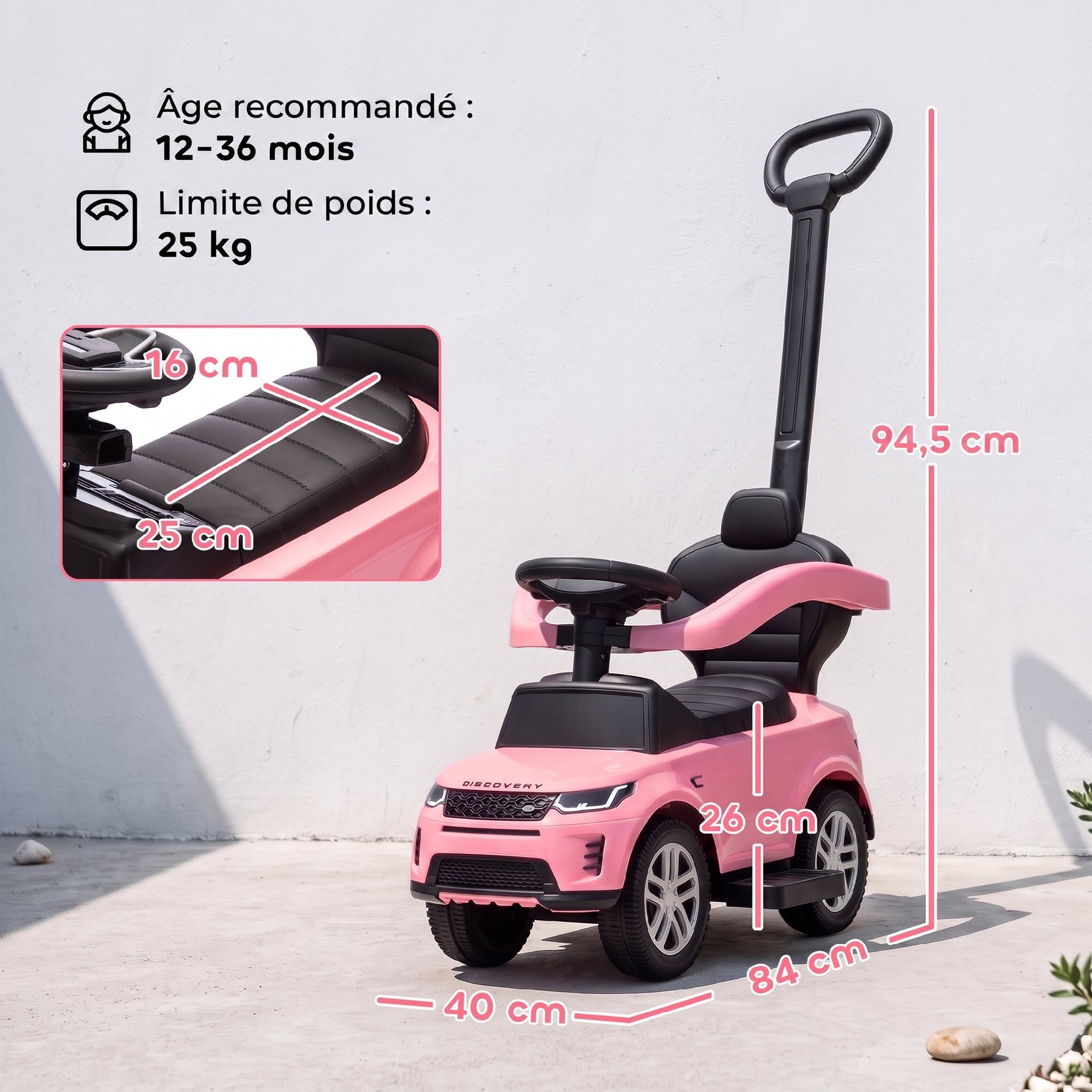 Porteur enfants Land Rover Discovery sous licence, porteur voiture à pousser avec poignée amovible, 84x40x94,5cm, rose