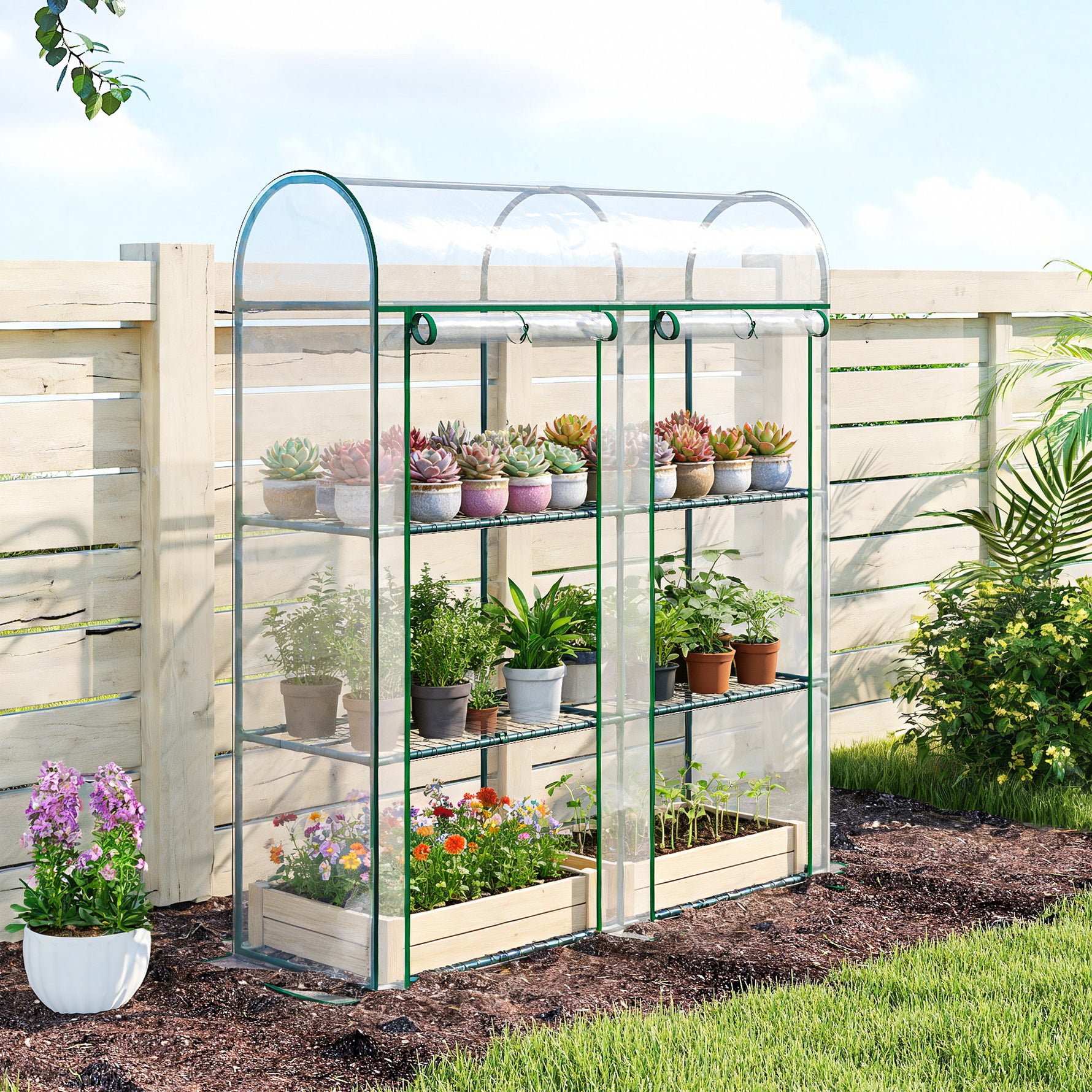 Serre de Jardin avec étagères 3 niveaux, Petite Serre en Bâche PVC et Châssis Acier, 2 Portes Roulantes, Transparent