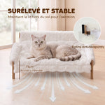 Canapé pour Chien Chat Lit Surélevé en Bois, Coussin Amovible en Peluche, Pieds Antidérapants, 70 x 47 x 30 cm, Blanc