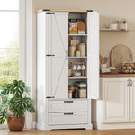 Buffet haut cuisine, armoire de cuisine avec 2 portes, 2 tiroirs, étagères réglables, style rustique, 76x40x180cm, blanc