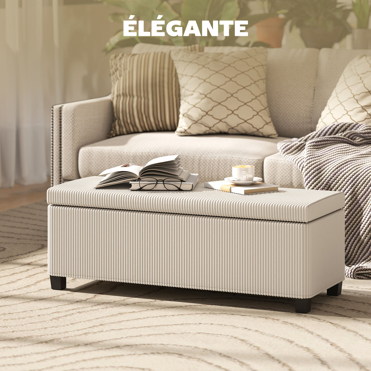 Banc de rangement bout de lit en velours côtelé avec couvercle, pour salon, chambre, entrée, 112 x 42 x 40 cm, beige