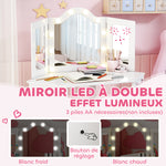 Coiffeuse enfant 2 en 1 avec tabouret miroir triptyque et lumières LED bicolores  93,6 x 48,5 x 111,5 cm blanc