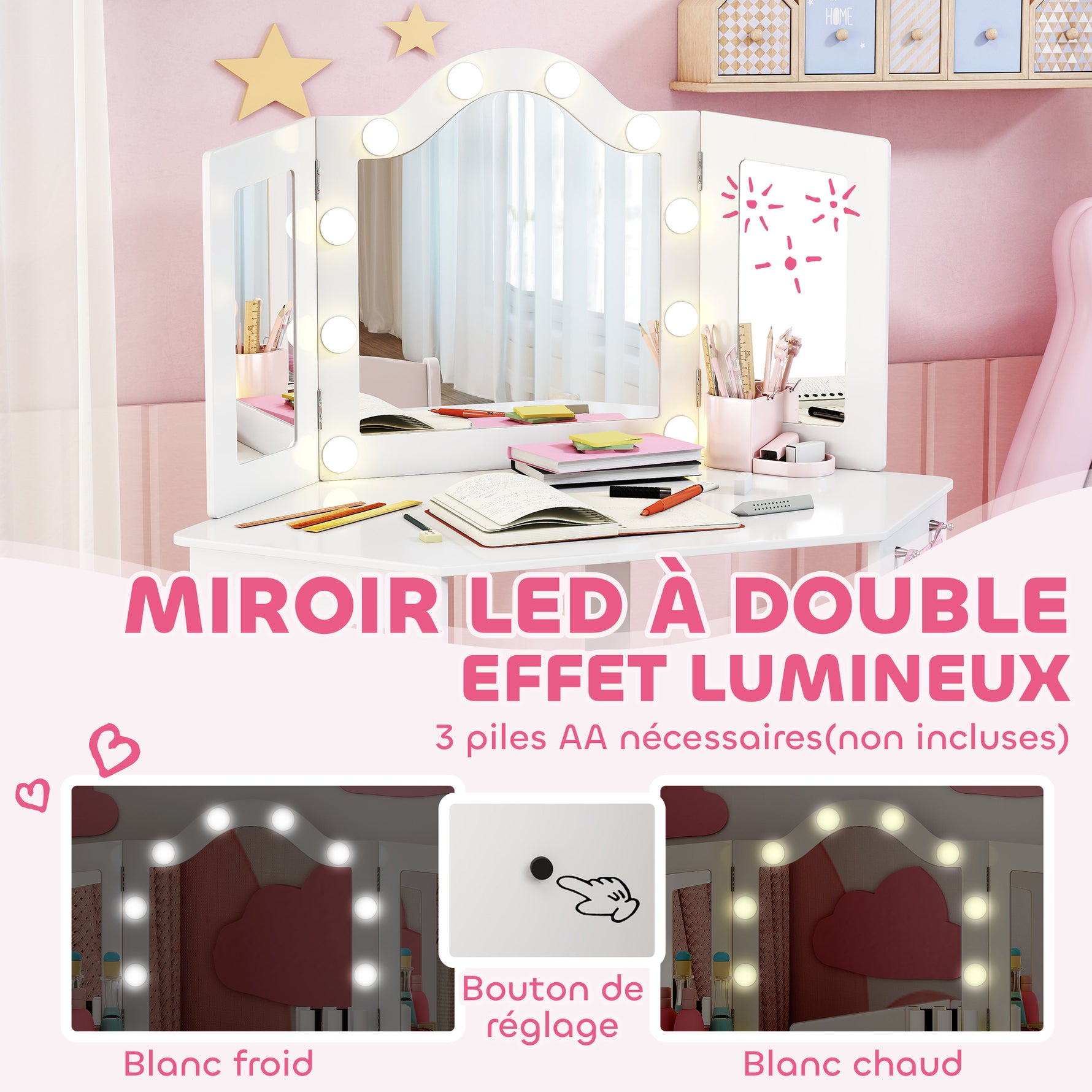 Coiffeuse enfant 2 en 1 avec tabouret miroir triptyque et lumières LED bicolores  93,6 x 48,5 x 111,5 cm blanc