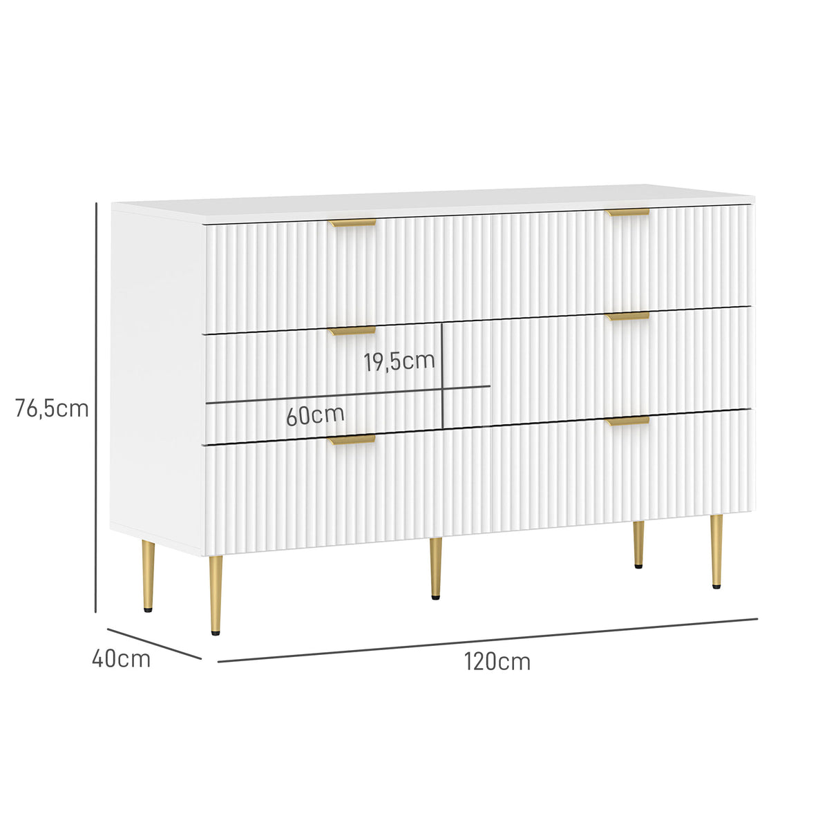 Kommode mit 6 Schubladen, Schlafzimmerkommode, modernes Aufbewahrungsmöbel mit goldenen Griffen und Füßen, 120 x 40 x 76,5 cm, weiß