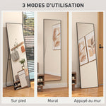 Grand miroir pleine longueur rectangulaire, 50 x 160 cm, miroir sur pied, mural ou pocé contre mur, noir