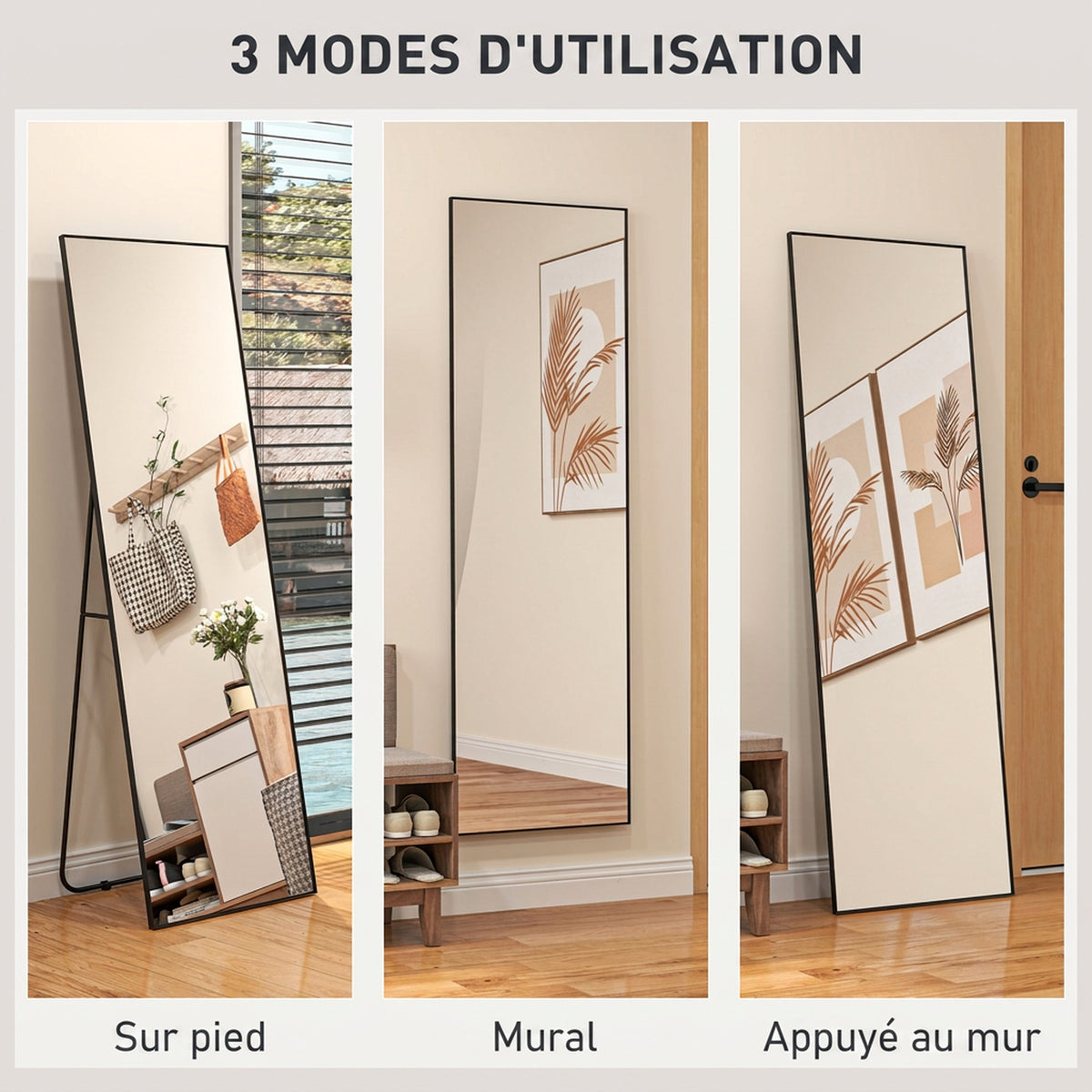 Grand miroir pleine longueur rectangulaire, 50 x 160 cm, miroir sur pied, mural ou pocé contre mur, noir