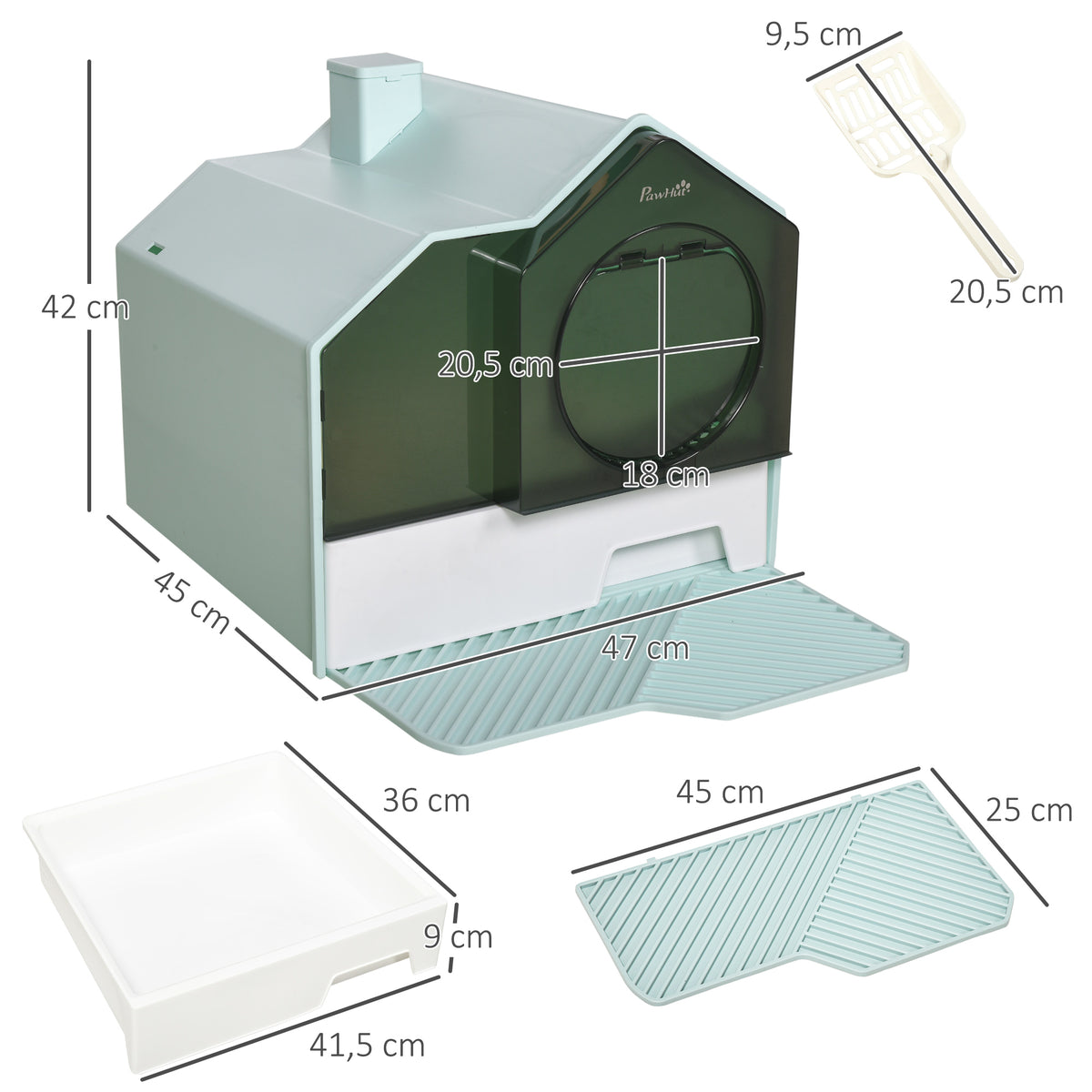 Maison de toilette bac à litière pour chat design maisonnette avec pelle, filtre et tapis dim. 47L x 45l x 42H cm bleu
