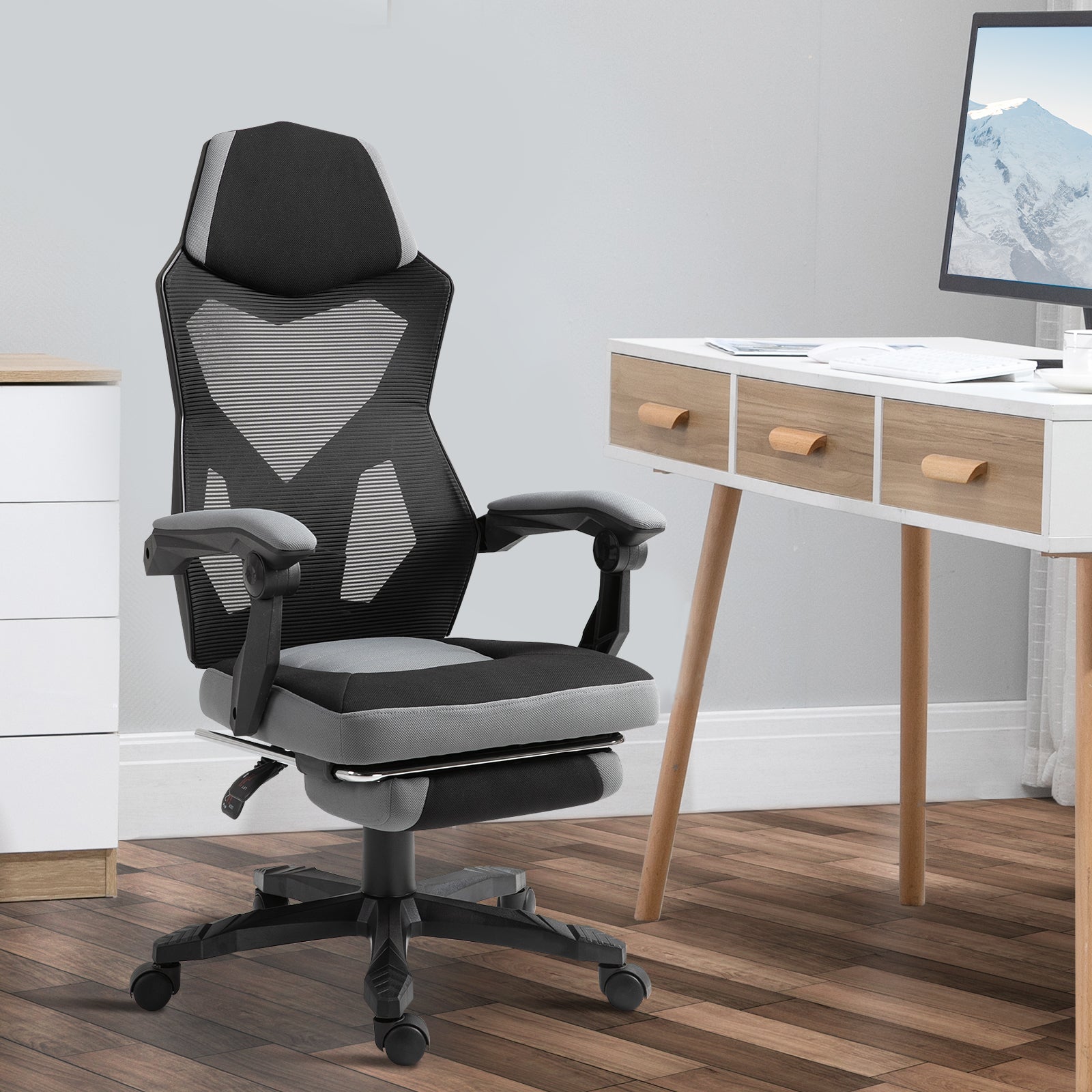 Chaise de bureau fauteuil gaming hauteur réglable dossier roulettes pivotantes repose-pied tissu en maille 58L x 63l x 112-122H cm gris noir