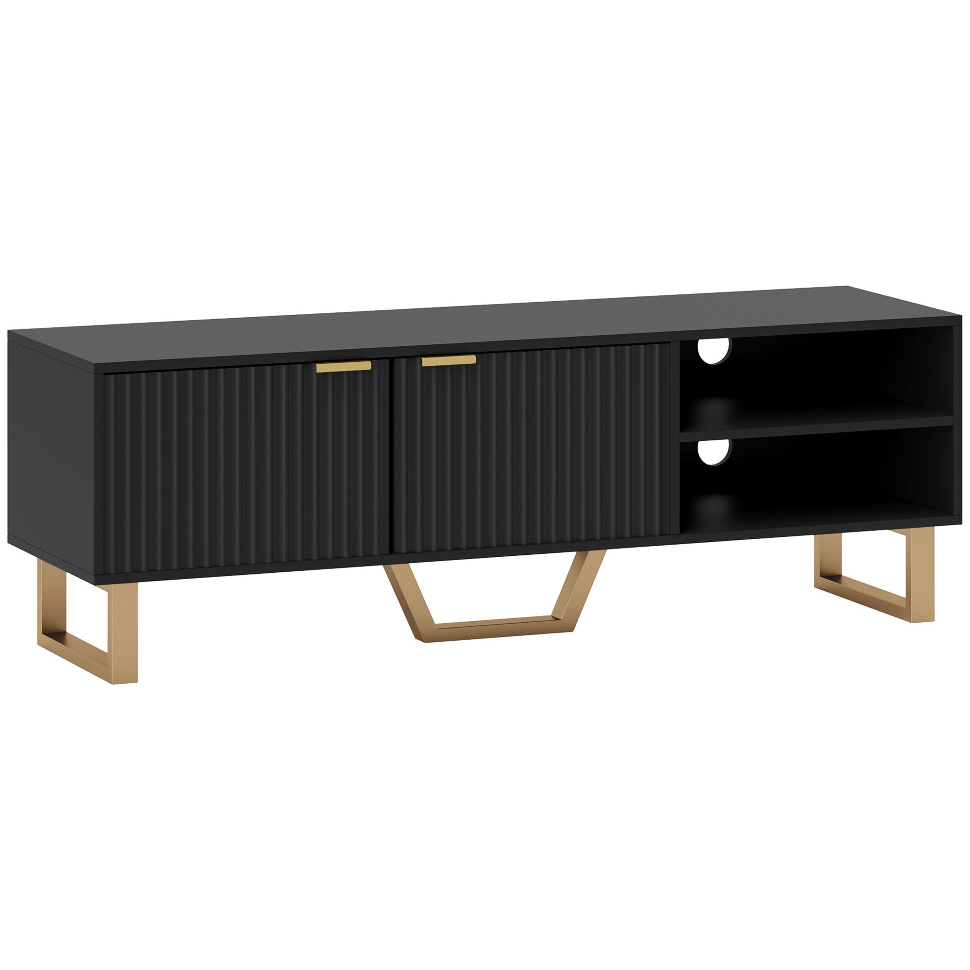 Meuble TV banc TV pour téléviseur jusqu'à 70 pouces - placard à 2 portes cannelées, compartiment ouvert et passe-câbles